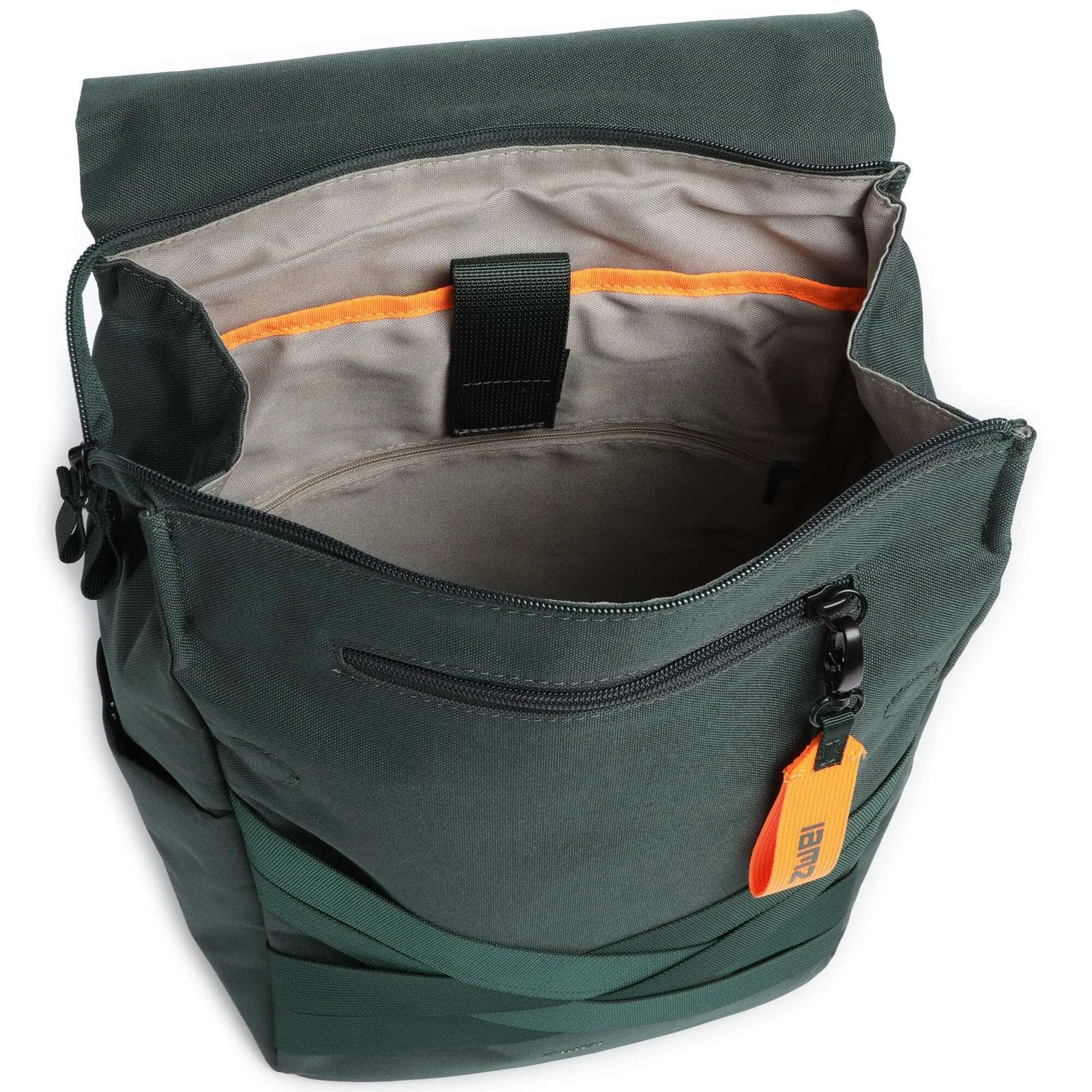 Green backpack with orange interior lining on a white background